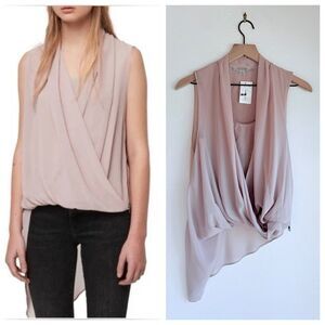NEW AllSaints Abi Draped Chiffon Zip Shoulder Sleeveless Blouse in Dusty Pink 4